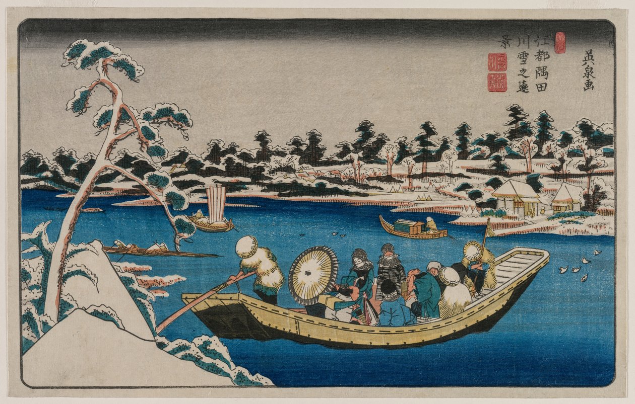 En fjern udsigt over sne på Sumida-floden i Edo af Unknown artist
