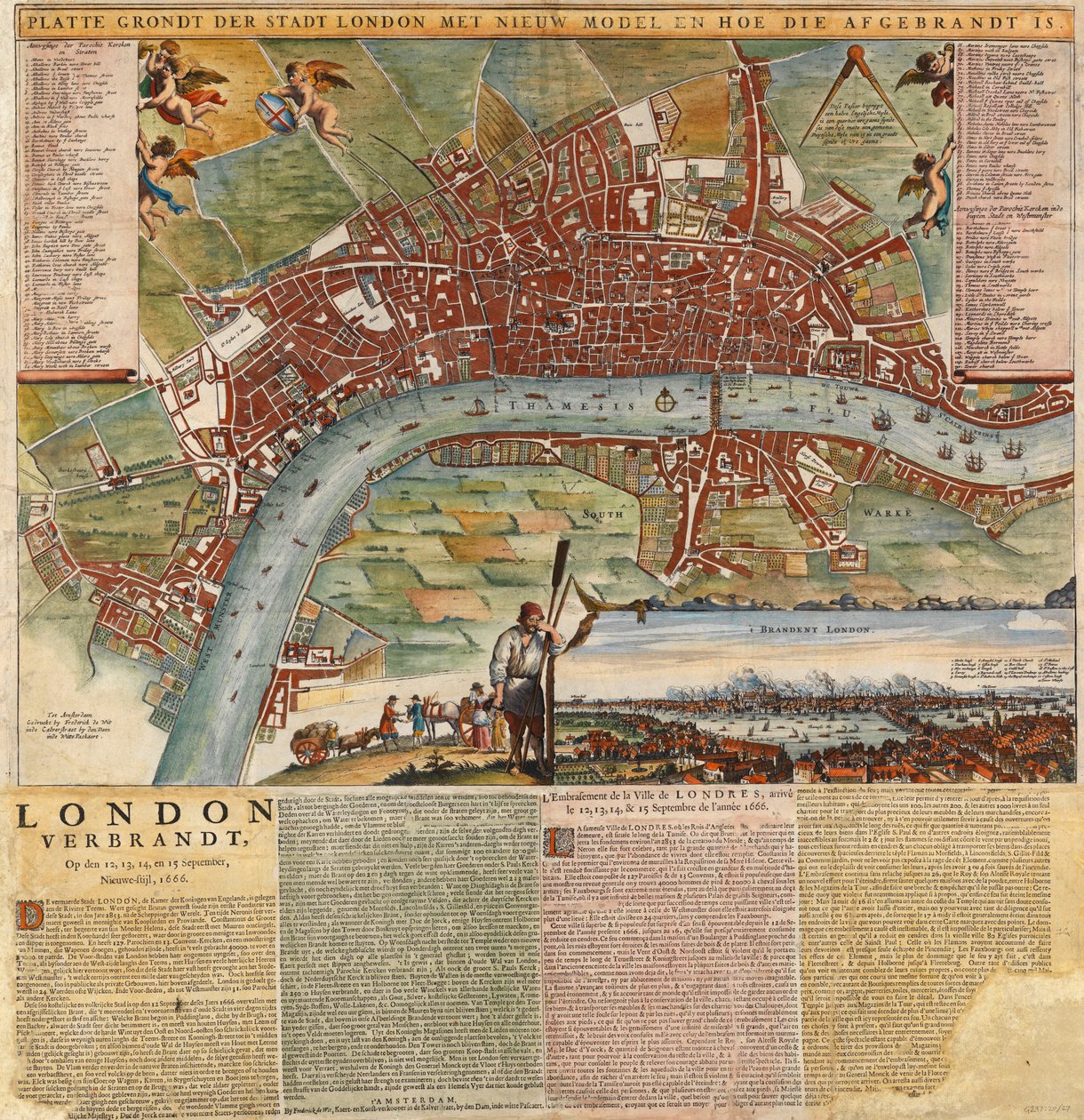 Et hollandsk kort, der viser områder, der blev ødelagt af den store brand i London af Unknown artist