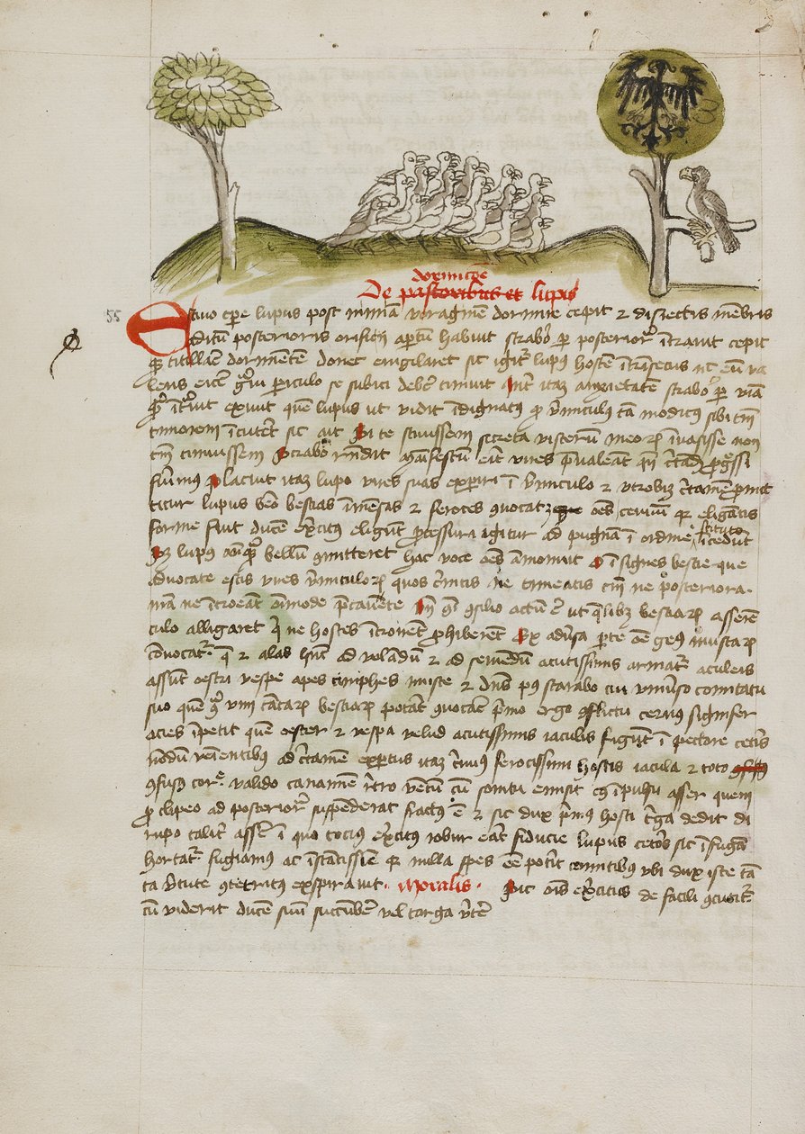 En flok fugle under et træ, herunder en kronet ørn med en heraldisk blasonering på vingerne af Unknown artist