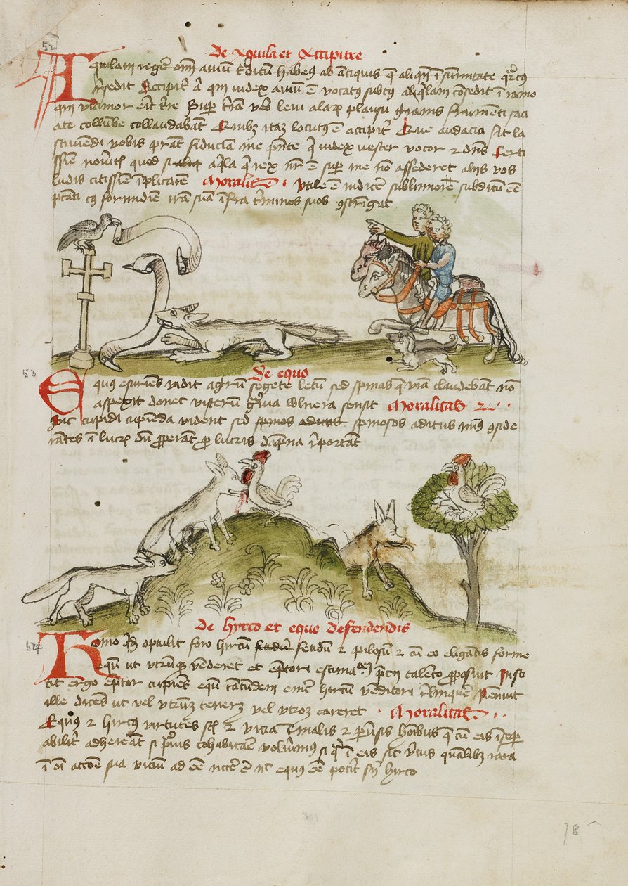 En ræv truer en fugl, der sidder på et kors i vejkanten, og to ryttere peger på stedet; en ræv løber og fanger en høne; en høne i et træ over en ræv af Unknown artist