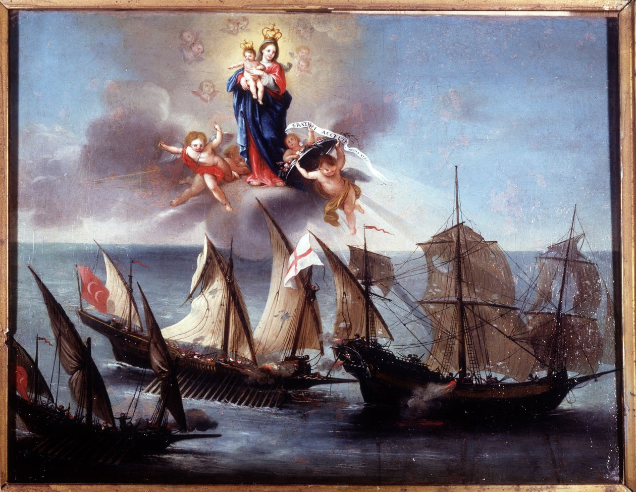 En Genova-båd angrebet af en galiot og en barbarisk halvkabys. Ex-voto 1796. Søfartsmuseet i Genova-Pegli. af Unknown artist