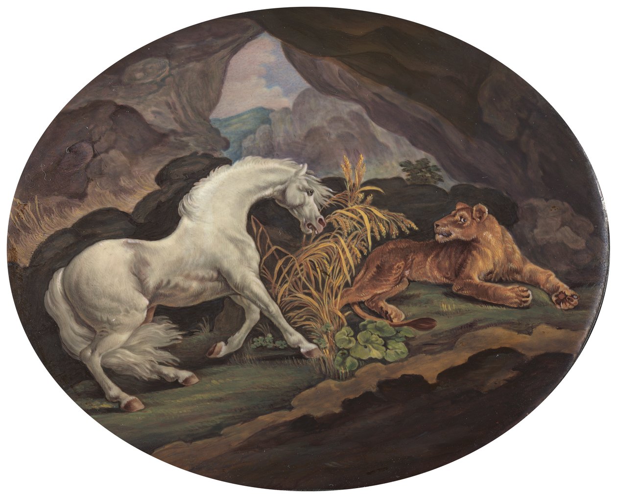 En hest skræmt af en løvinde af Unknown artist