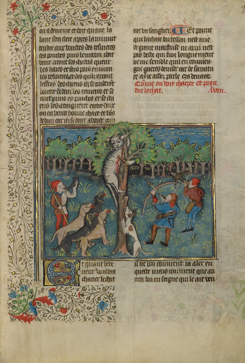 En jæger og hunde angriber en vildkat i træ af Unknown artist