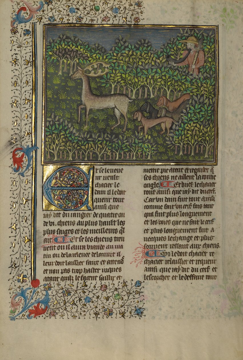 En jæger og hunde forfølger en dådyrhjort af Unknown artist