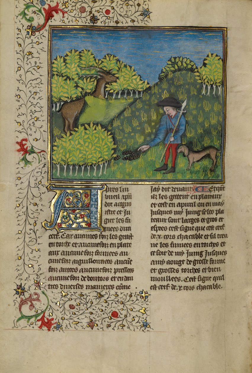 En jæger og en hund undersøger en hjorts sporer af Unknown artist