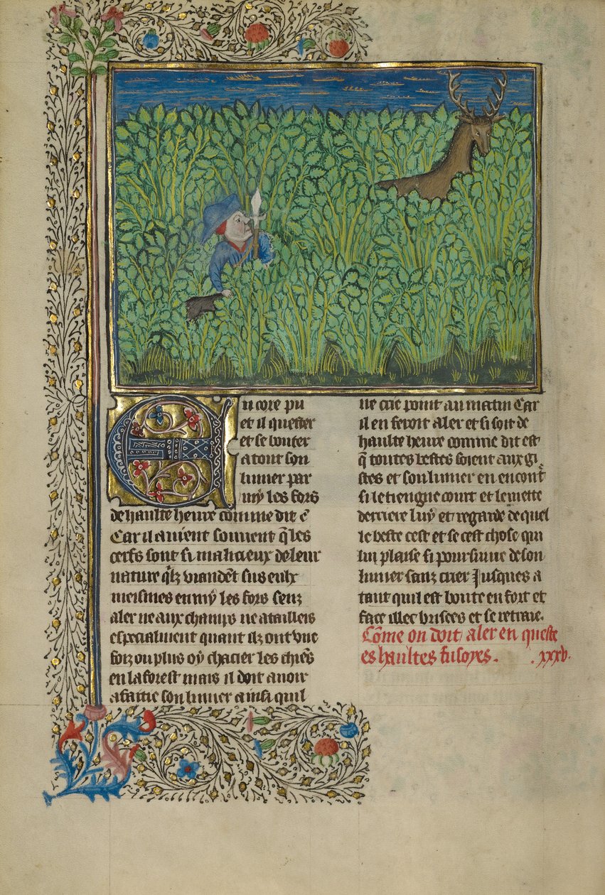 En jæger og en hund sporer i et krat af Unknown artist