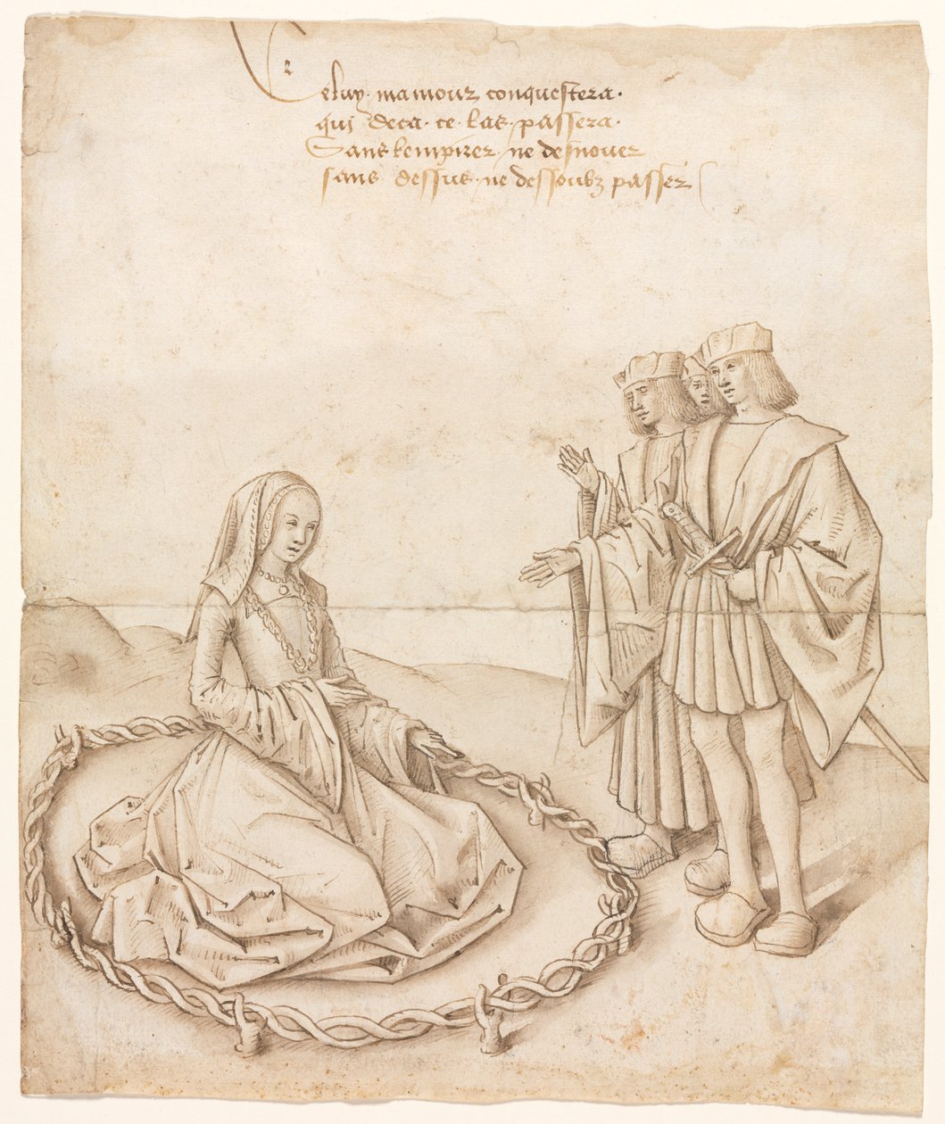 En dame med tre bejlere af Unknown artist