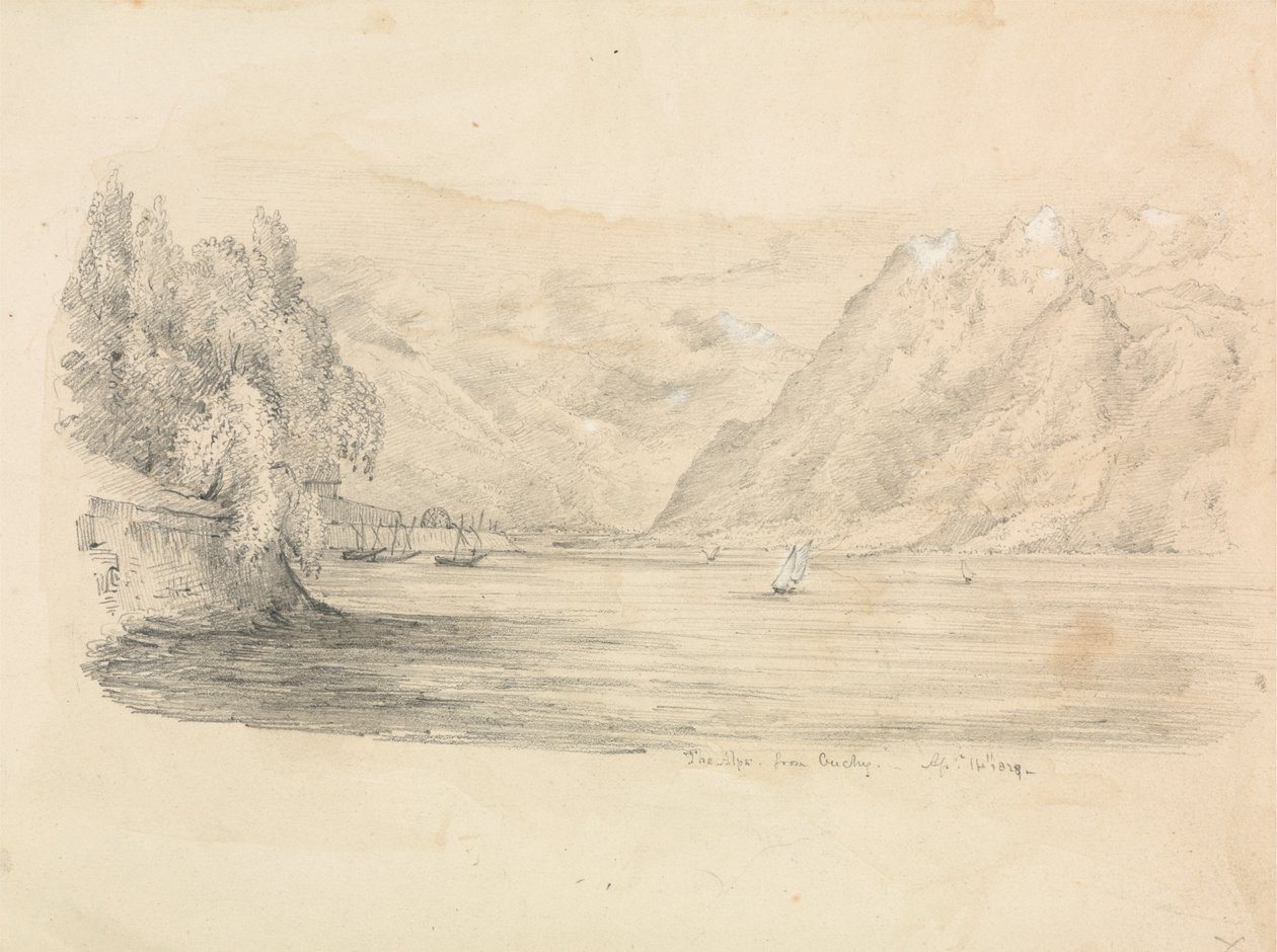 En sø omgivet af bjerge af Unknown artist