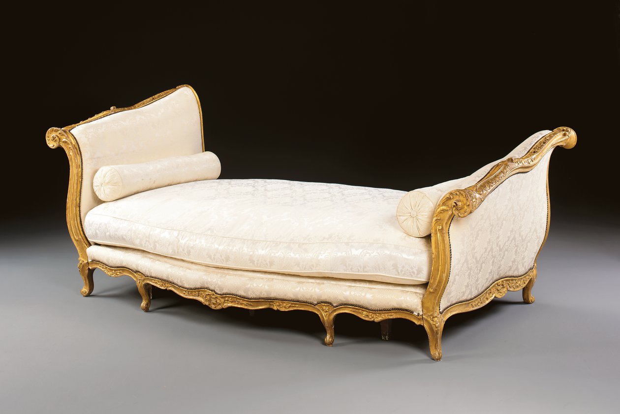 En Louis XV lit de repos, midten af 1700-tallet (forgyldt træ og silkedamask) af Unknown artist