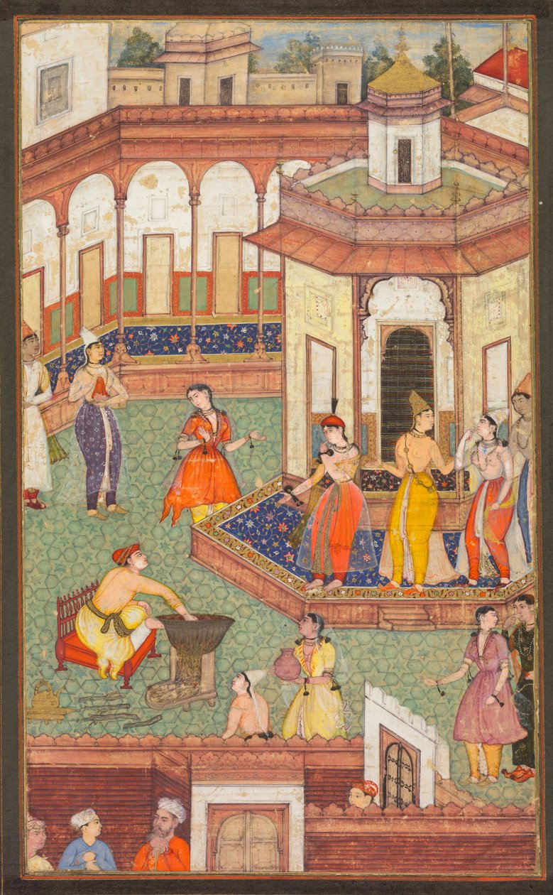 En mand dypper sin hånd i en kedel, mens Ladies of the Harem står i forbløffelse: A Page from a Manuscript of Religious History af Unknown artist