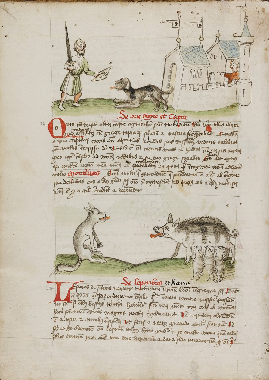 En mand med et sværd og en hund med et ben; en ulv og en gris af Unknown artist