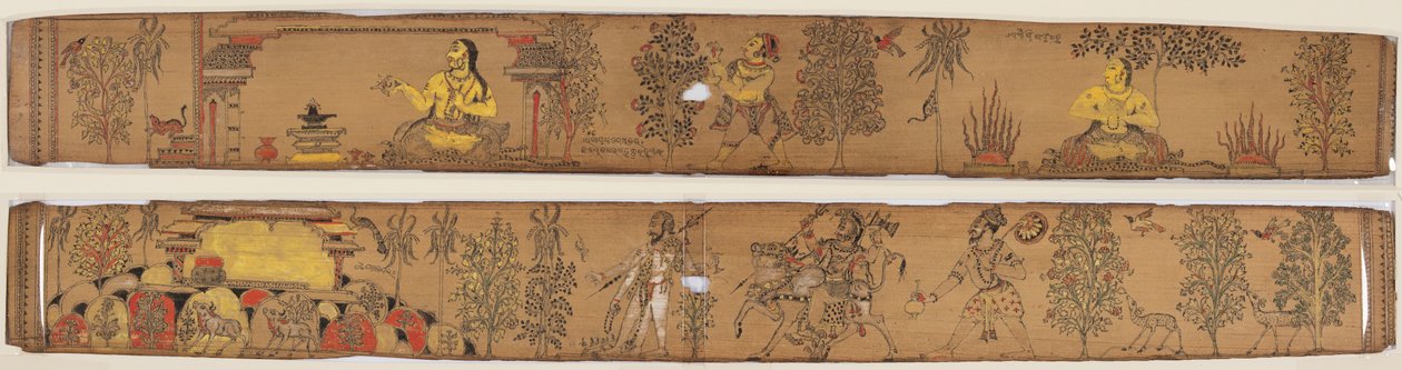 En prins udfører stramninger (recto); Shiva og hans tilhængere vender tilbage til Mount Kailash (verso), fra en romantik om Chandrabhanu og Lavanyavati af Upendra Bhanja (1670-1740) af Unknown artist