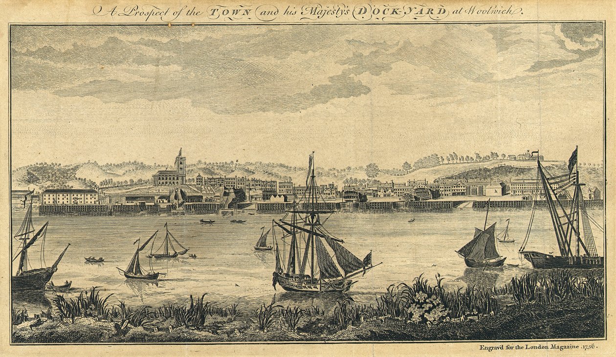 "Udsigt over byen og hans majestæts skibsværft i Woolwich af Unknown artist