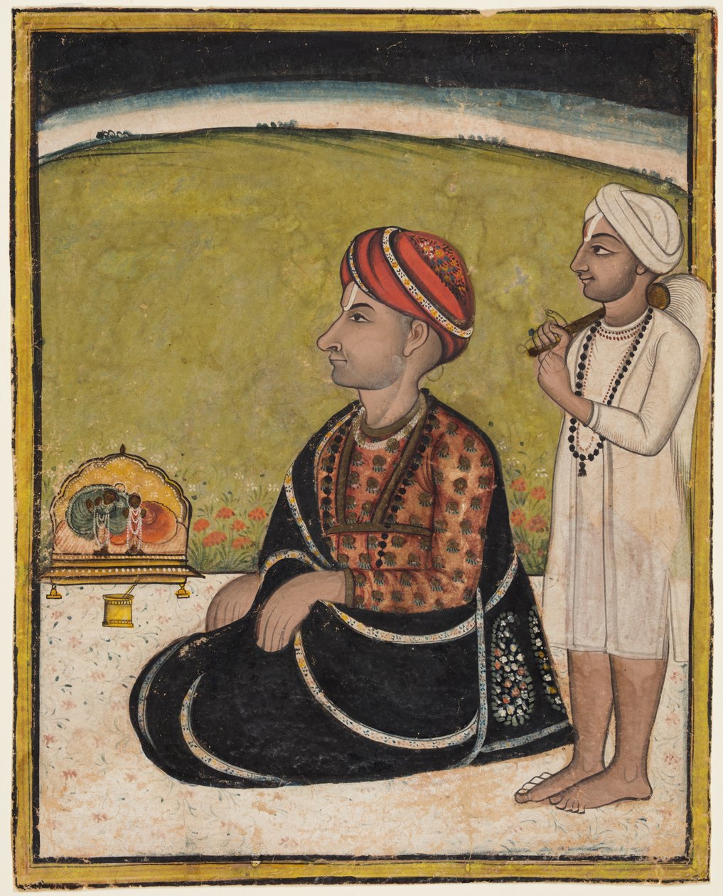 En hersker sidder på en terrasse og tilbeder ved en helligdom af Radha og Krishna af Unknown artist