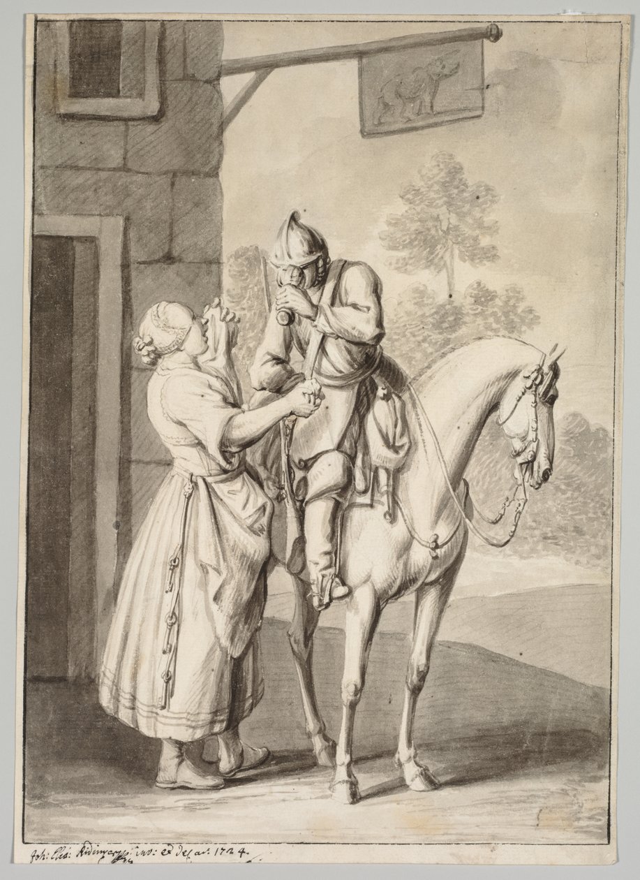 En soldat i rustning foran et værtshus af Unknown artist