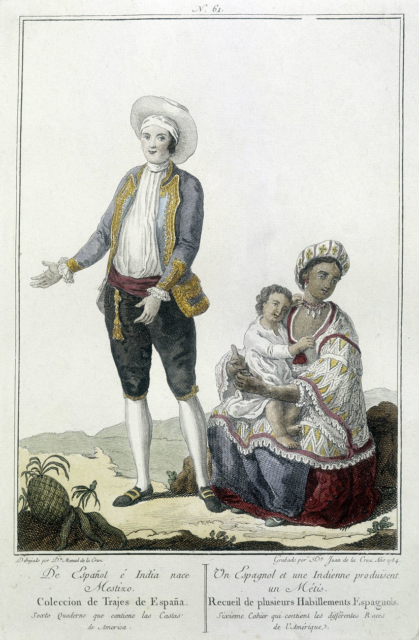 En spanier og en indianer føder en Métis - gravering af Unknown artist