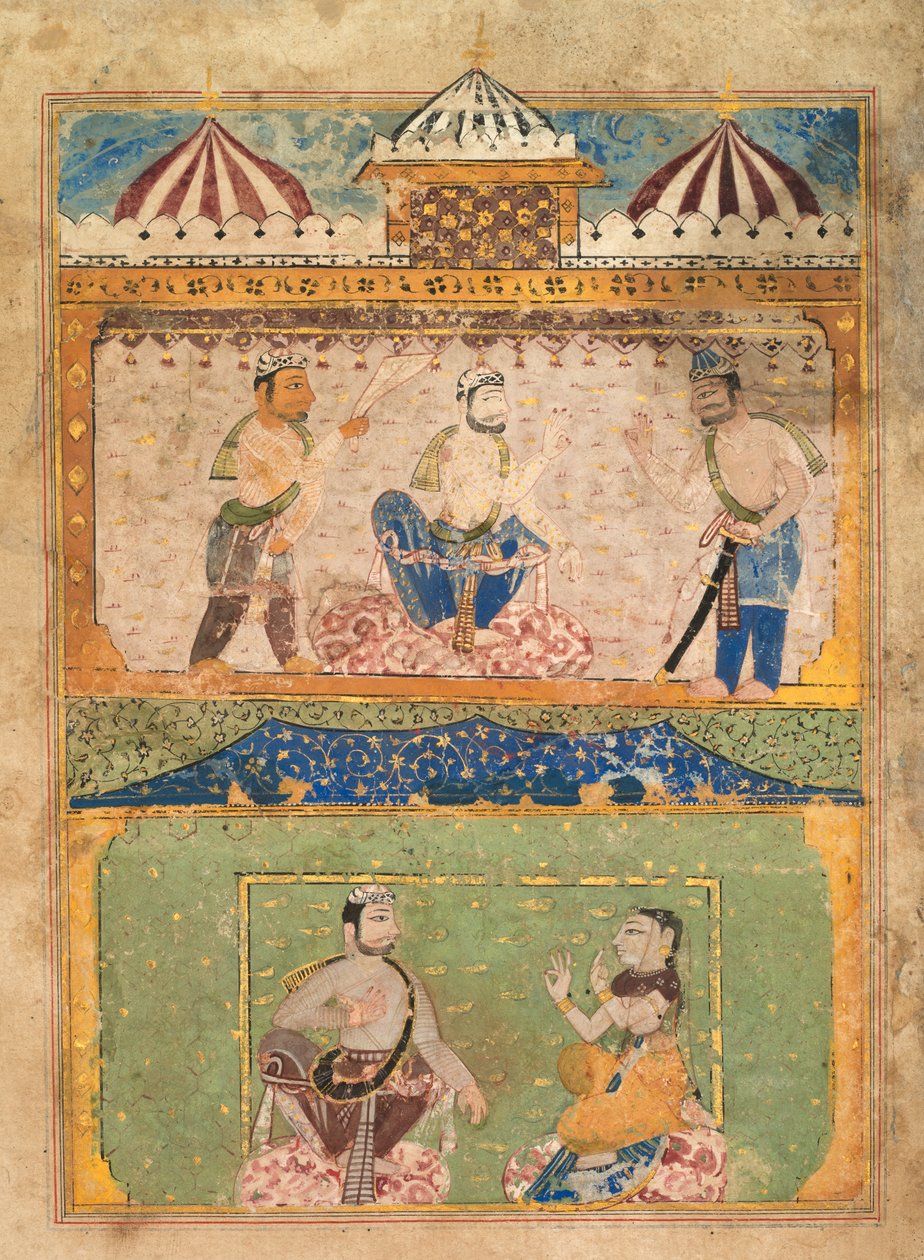 En rejsende overtaler Lorik til at vende hjem (øverst); Chanda Objects (nederst), fra en Chandayana (Story of Chanda) af Unknown artist