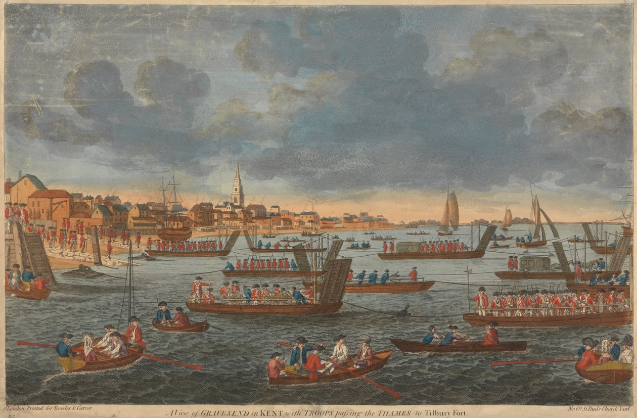 Udsigt over Gravesend i Kent, med tropper, der passerer Themsen til Tilbury Fort af Unknown artist