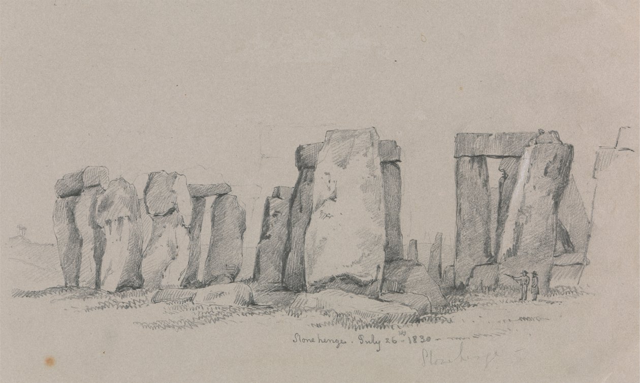 En udsigt over Stonehenge med to figurer i forgrunden af Unknown artist