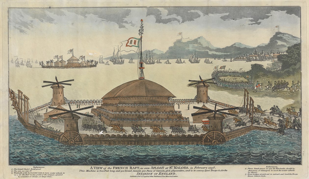 En udsigt over den franske tømmerflåde, som det ses flydende ved St. Maloes i februar 1798. Maskinen er 600 fod lang og 300 bred, monterer 500 stykker kanon, 36 og 48 pund og skal transportere 15.000 tropper og til invasionen af England. af Unknown artist