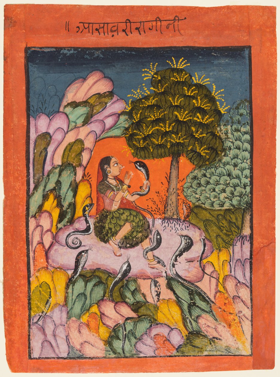 A Woman Charms Snakes in the Wilderness: Asavari Ragini, fra en Ragamala af Unknown artist