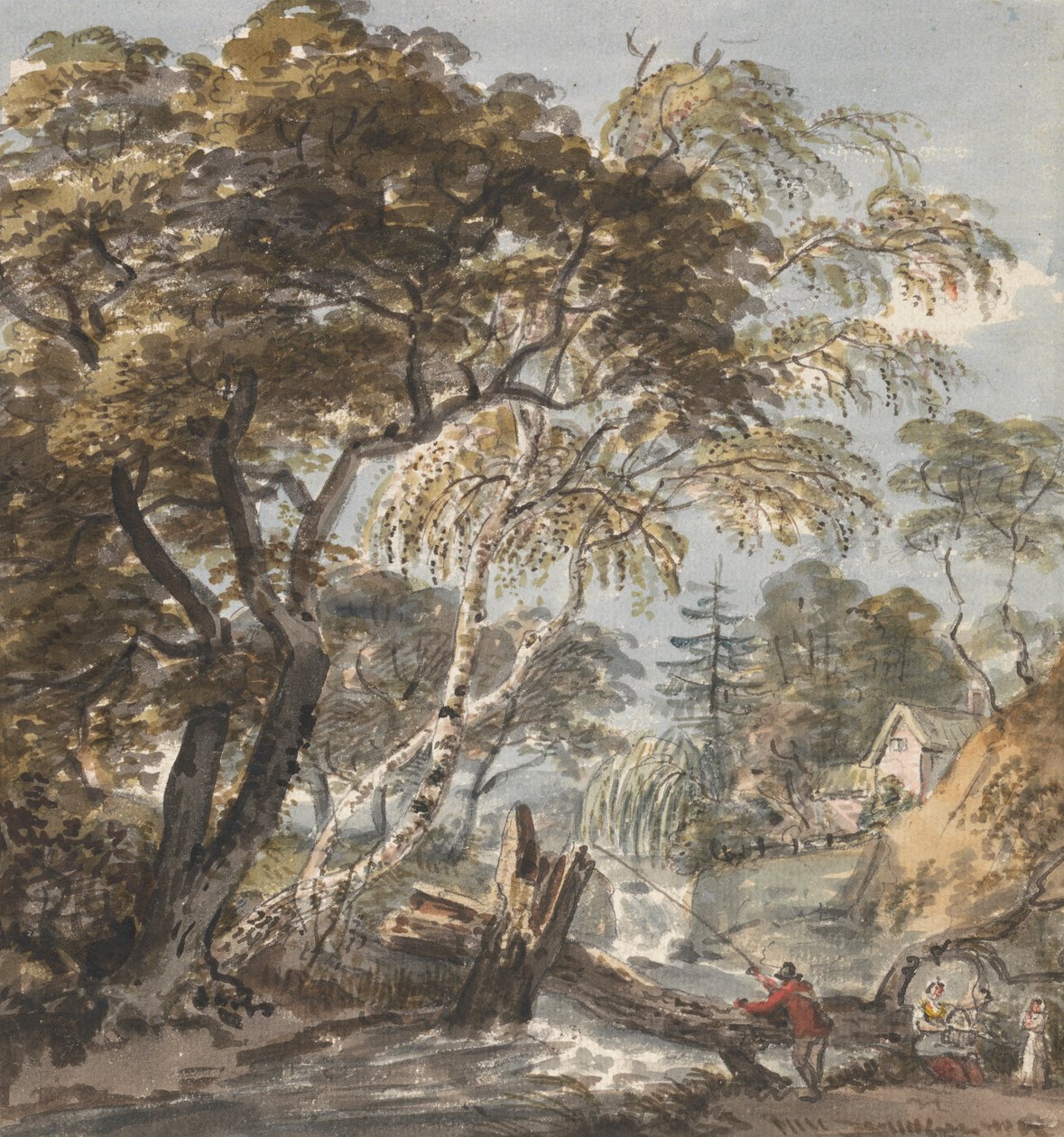 En skovstrøm med lystfisker af Unknown artist
