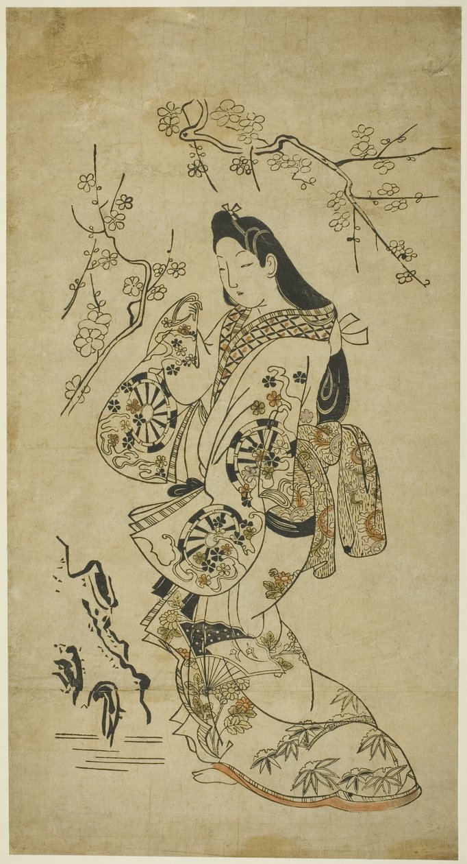 En ung kvinde går tæt på et blommetræ af Unknown artist