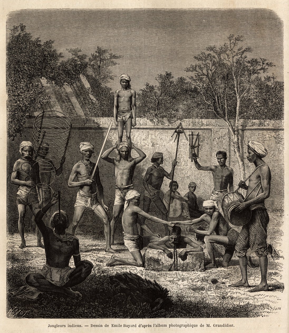 Et band af indiske jonglører. Gravering til illustration af rejsen i Indiens meridionalprovinser, af Alfred Grandidier, i 1862-1864, udgivet i "" le tour du monde"", under ledelse af D