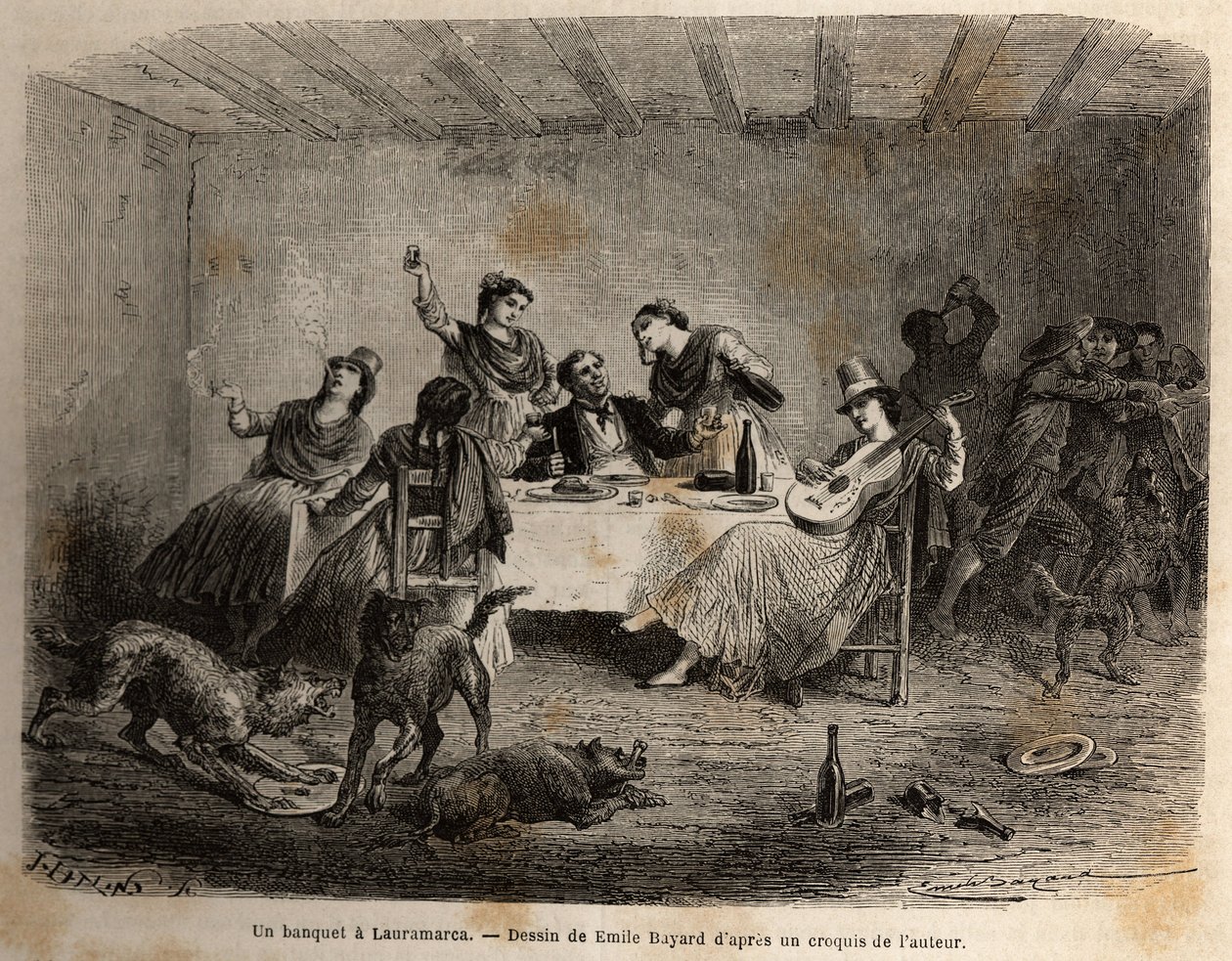En banket i Lauramarca (Nedre Peru), en mand omgivet af indiske kvinder, bliver serveret og forkælet, mens hans tjenere, der udnytter hans distraktion, støder sammen uden hans vidende. Gravering til illustration af rejsen i Quinquinas-dalene (Peru), af af Unknown artist