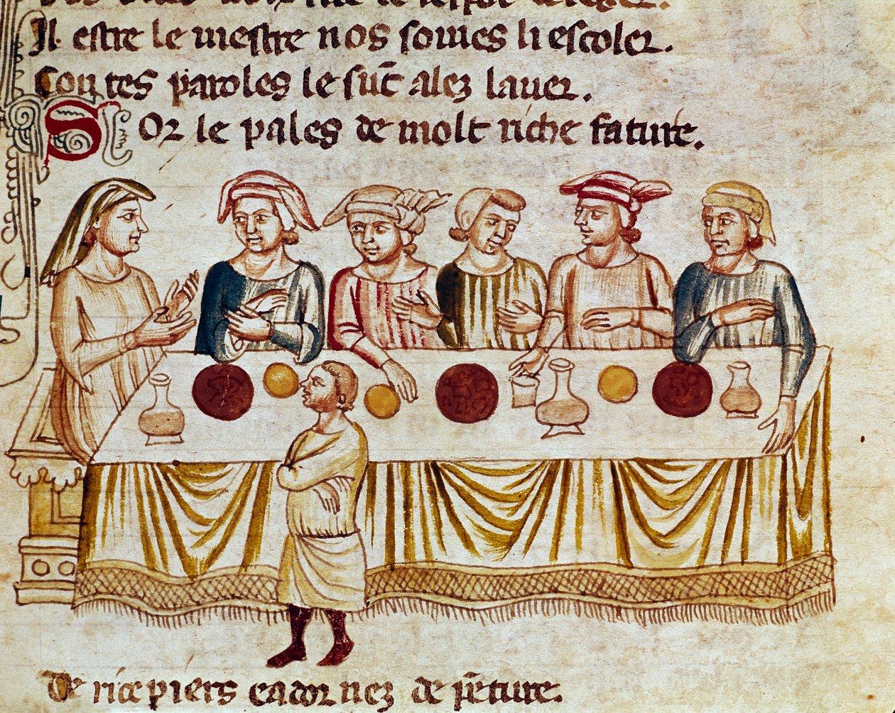 En banketscene: en konge og hans gæster Miniature fra ""Entree of Spain"". Venedig fra det 14. århundrede, Biblioteca Marciana. af Unknown artist