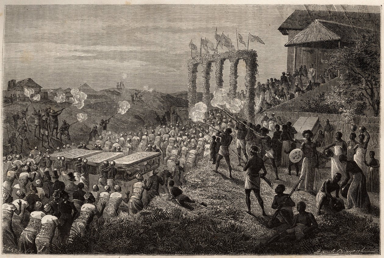 En brudekortege i Tete (Mozambique). Indgravering til illustration af Dr. Livingstones første rejser til det sydlige Afrika fra 1840 til 1856, i "Le tour du monde, nouveau journal des voyages"" udgivet under ledelse af Edouard Charton af Unknown artist