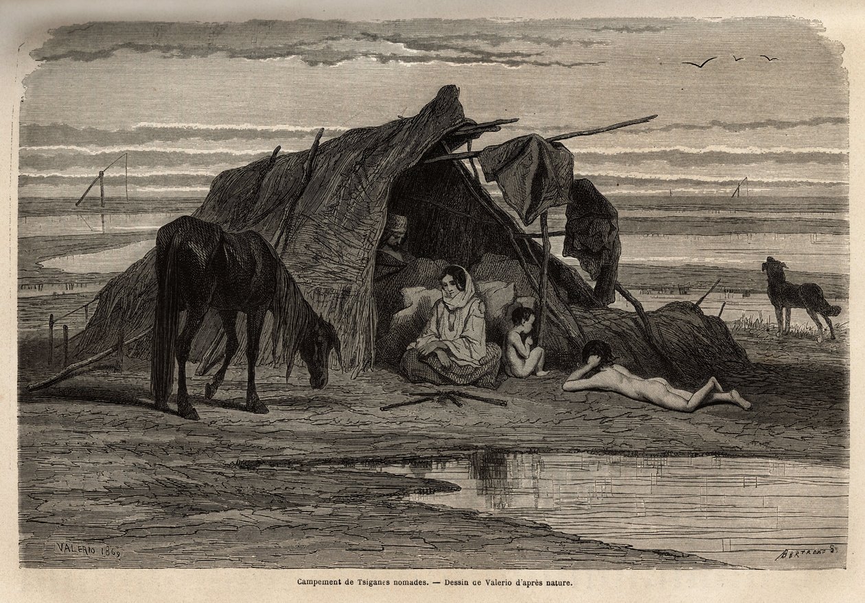 En lejr af nomadiske sigøjnere på sletterne i det nordlige Bosnien. Gravering for at illustrere minderne om rejser blandt de sydlige slaver, af Georges Perrot, i 1868, udgivet i "" Le tour du monde"" 1870-1871, redigeret af Edouard Charton, udgave Hachette af Unknown artist