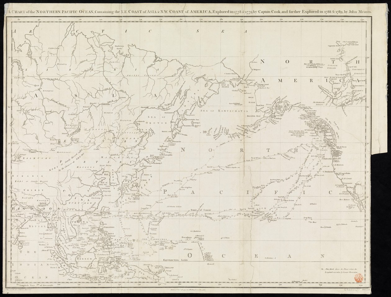 Et kort over det nordlige Stillehav indeholdende Asiens NØ-kyst og Amerikas NV-kyst udforsket i 1778 og 1779 af kaptajn Cook og yderligere udforsket i 1788 og 1789 af John Meares (tryk) af Unknown artist