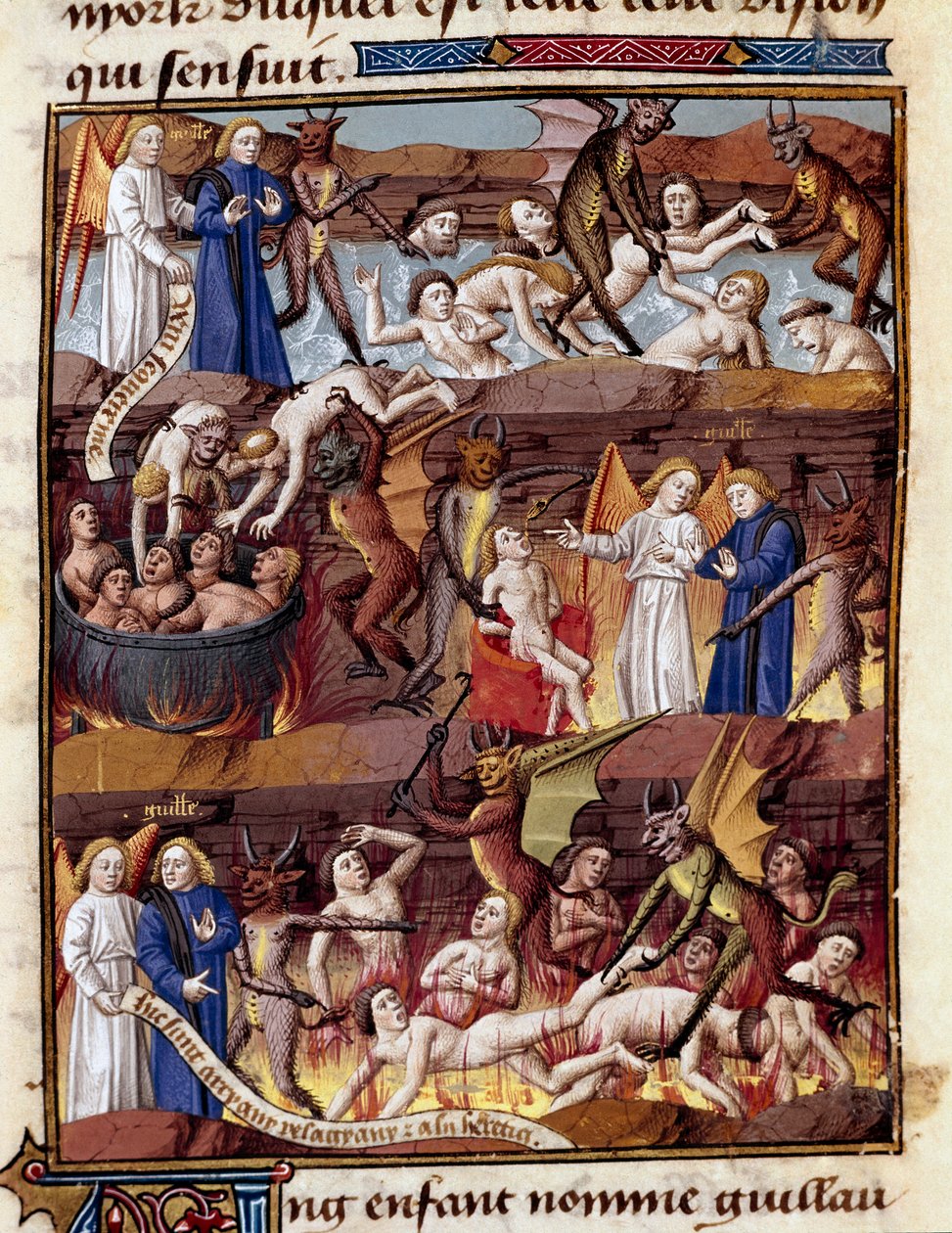 Et barn ved navn Guillaume observerer forbandelsens pinsler i Enfer Miniature i "" Le miroir historial"" (Speculum Historiale) (ms. 1196 fol. 408 r.) af Vincent de Beauvais (1190-1264) oversat til fransk af Jean de Vignay af Unknown artist