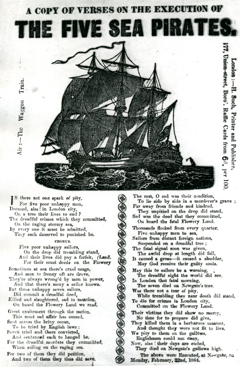En kopi af vers om henrettelsen af de fem søpirater, ca. 1864 af Unknown artist