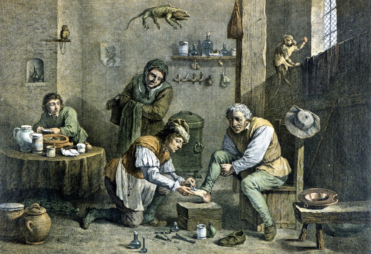 En landlæge, der tager sig af en af sine patienter. af Unknown artist
