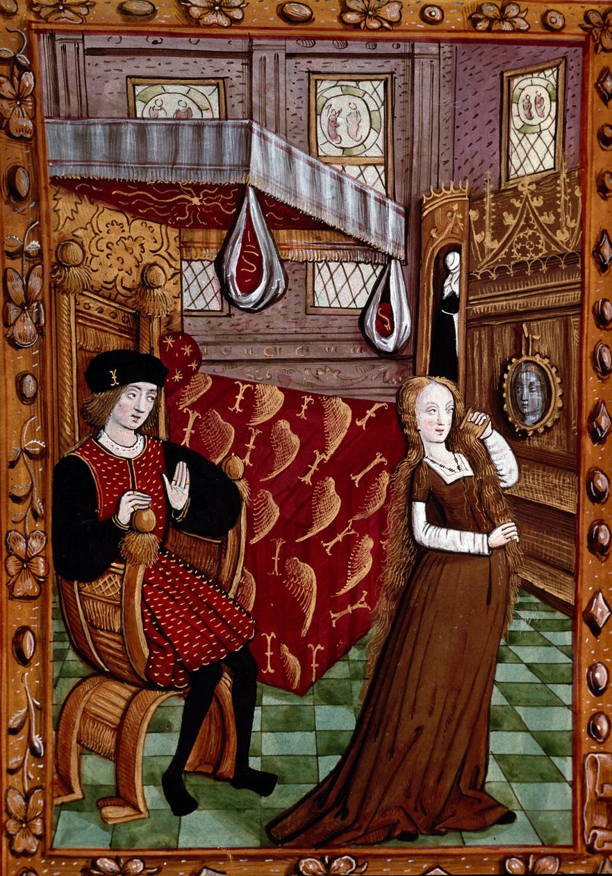 Et par i et soveværelse, kvinden klæder miniature fra "Histoire de Jean III de Brush et de søns kone Louise de Laval"" (ms. 1475, fol. 6r) Chantilly, Musee Conde af Unknown artist