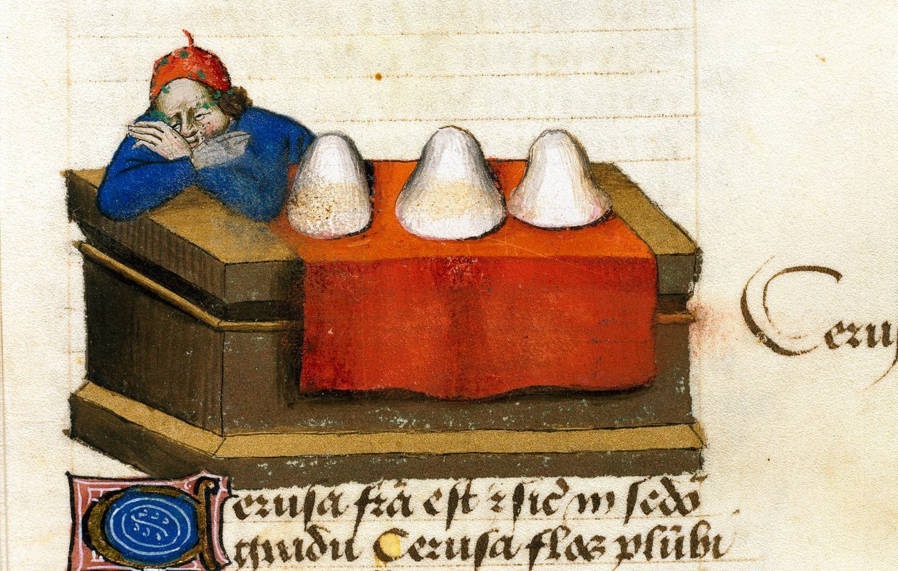 En hjortehandler, bruger til kosmetik Beskrivelse af lægeplanter og hvordan man forbereder dem. Manuskriptside "" Godbidder på urter"" (Tractatus de herbis) af Pedanius Dioscorides (Dioscorides) (40-90 e.Kr.) Lat.1152 af Unknown artist