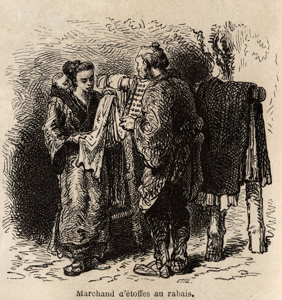 En forhandler af rabatklude fremstiller artiklen til en ung kvinde, der bærer sit lille barn på ryggen. Indgravering til illustration af rejsen til Japan af Aime Humbert, minister for det schweiziske forbund, i 1863-1864, udgivet i "" le tour du monde" und af Unknown artist