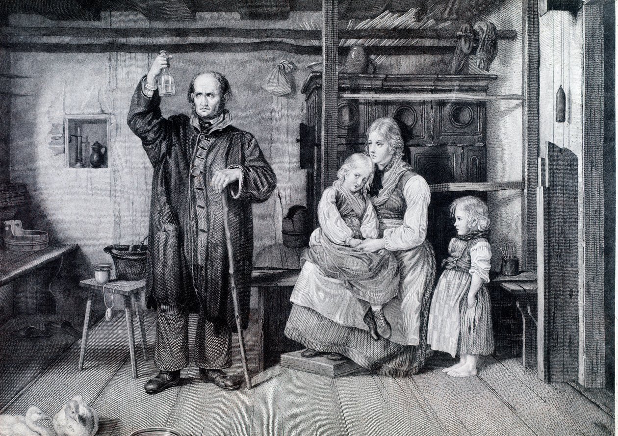 En læge, der undersøger en flaske, sandsynligvis et hætteglas med urin, under et besøg hos en mor og hendes to børn, der lever i fattigdom (gravering) af Unknown artist