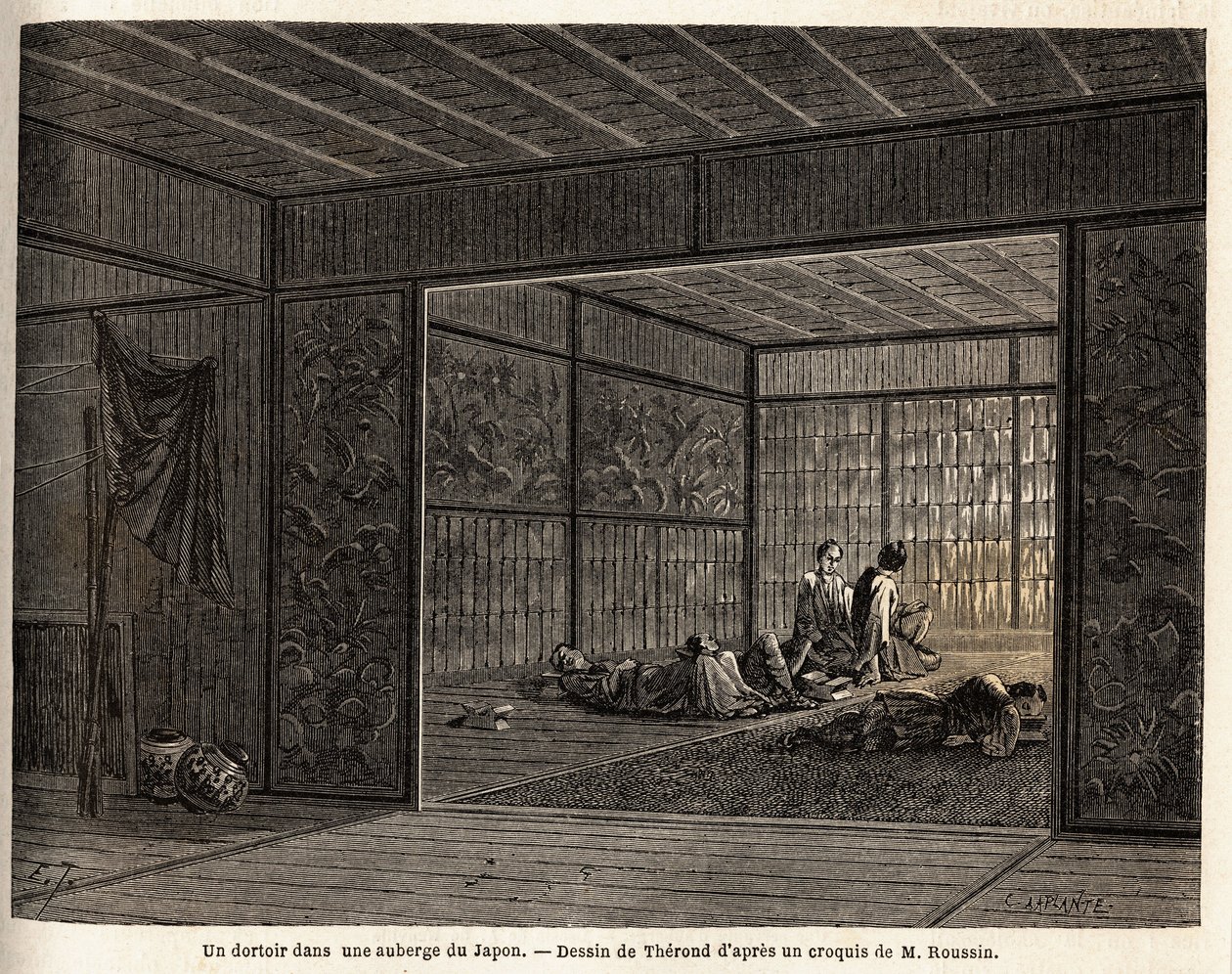 En sovesal på en kro i Japan. Indgravering til illustration af rejsen til Japan i 1863-1864 af Aime Humbert, minister for Det Schweiziske Forbund, i "Le tour du monde, nouveau journal des voyages", udgivet under ledelse af Edouard Charton af Unknown artist