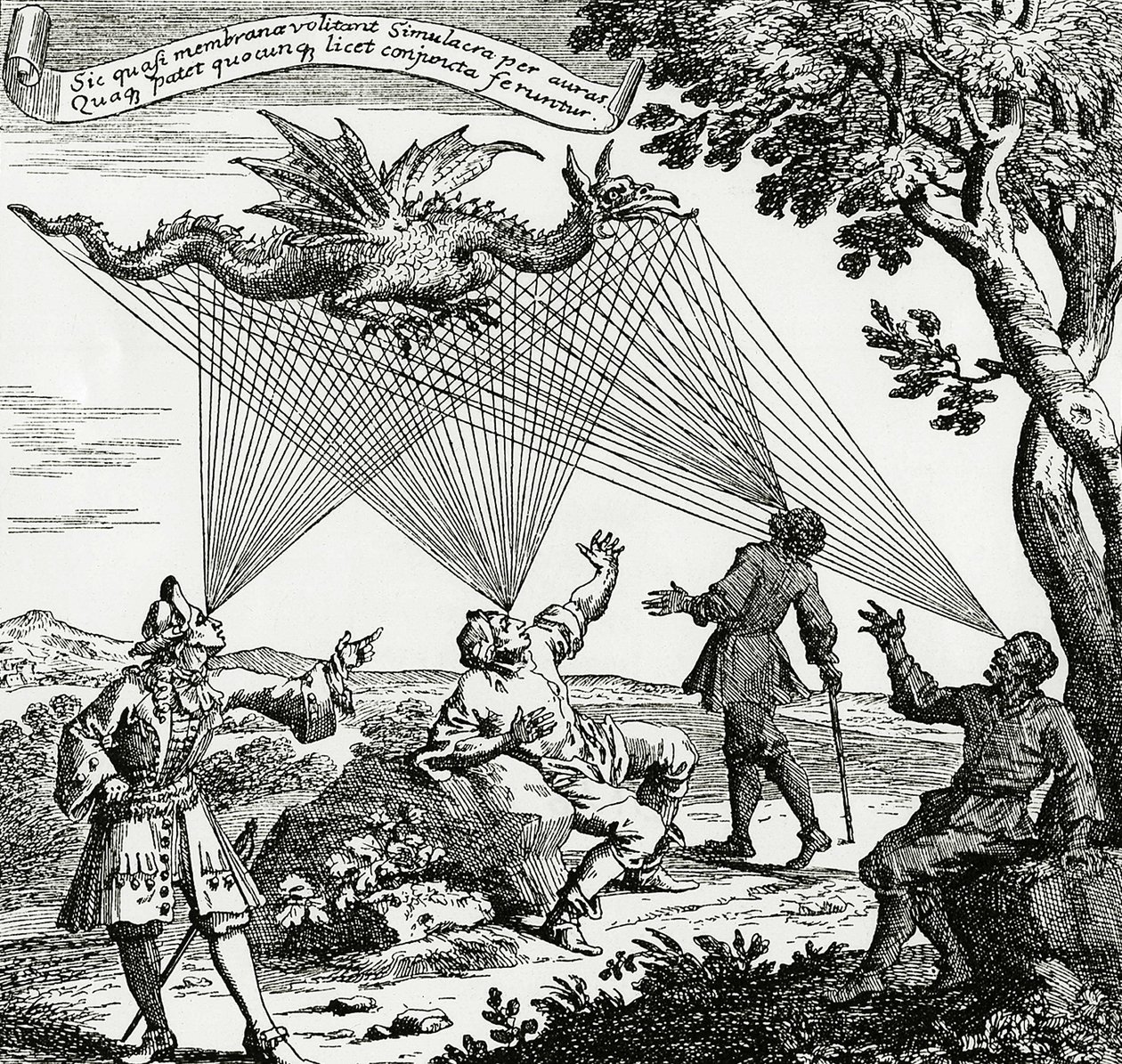 En drage set fra forskellige synsvinkler, baseret på et kobberstik af Zahns "Oculus artificialis teledioptricus". af Unknown artist