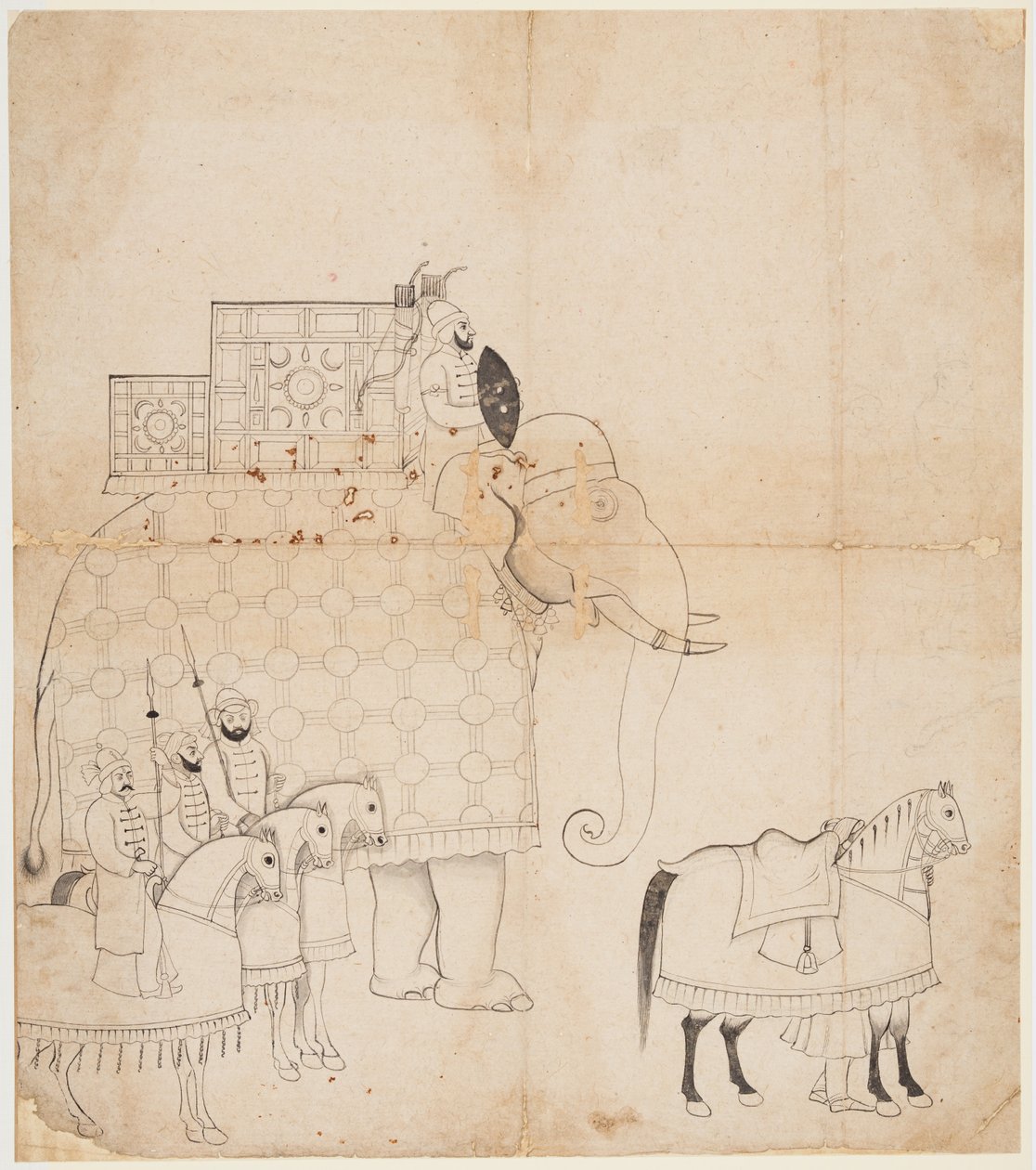 En tegning af Caparisoned Elephant and Horses af Unknown artist