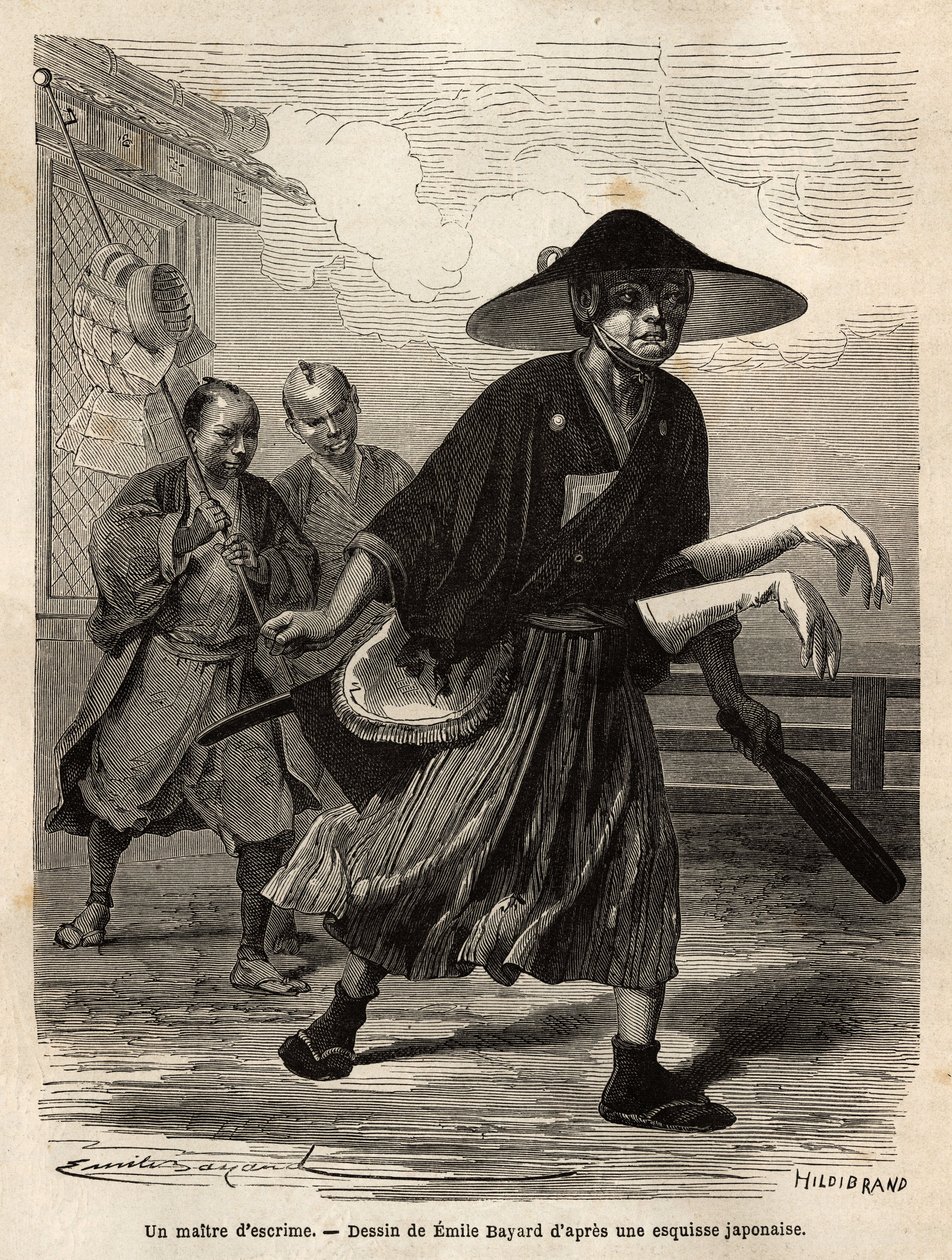 En fægtemester, efterfulgt af to hjælpere, der bærer sit materiale, fører mesteren sine hvide handsker over ærmerne på sine sværd. Indgravering til illustration af rejsen til Japan i 1863-1864 af Aime Humbert, minister for Det Schweiziske Forbund, i "" Le  af Unknown artist