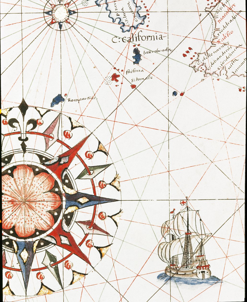En galjon, der sejler ud for Californiens kyst (Detalje af portulan af Castellini af Unknown artist