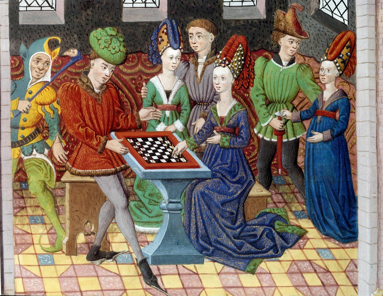 Et spil skak mellem to hofmænd i et slots værelse. Miniature taget fra "" Alexander den Stores historie"" (eller Alexander III af Makedonien (356-323 f.Kr.)) af Unknown artist