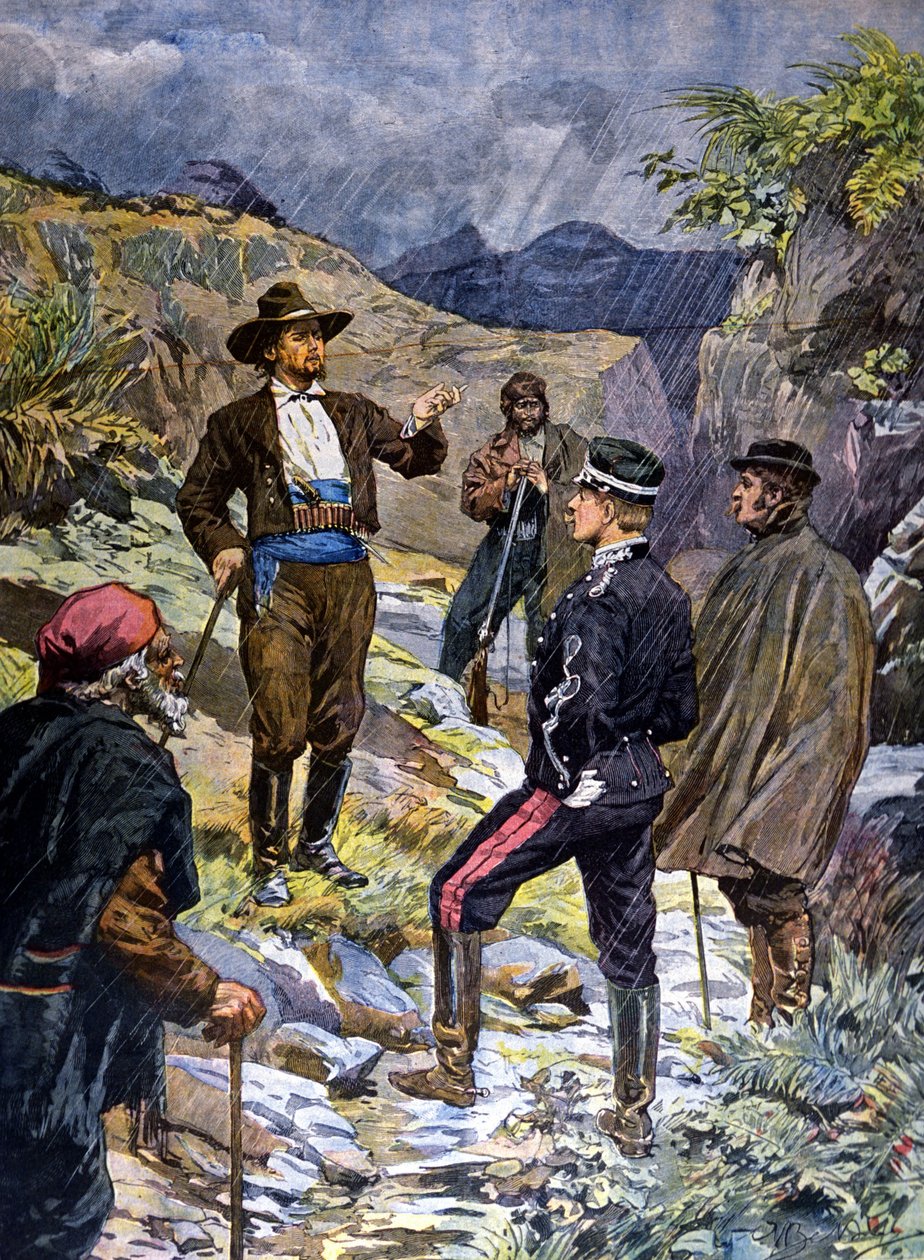 En gendarme taget til opgave af en brigand fra Sardinien. 1899. af Unknown artist