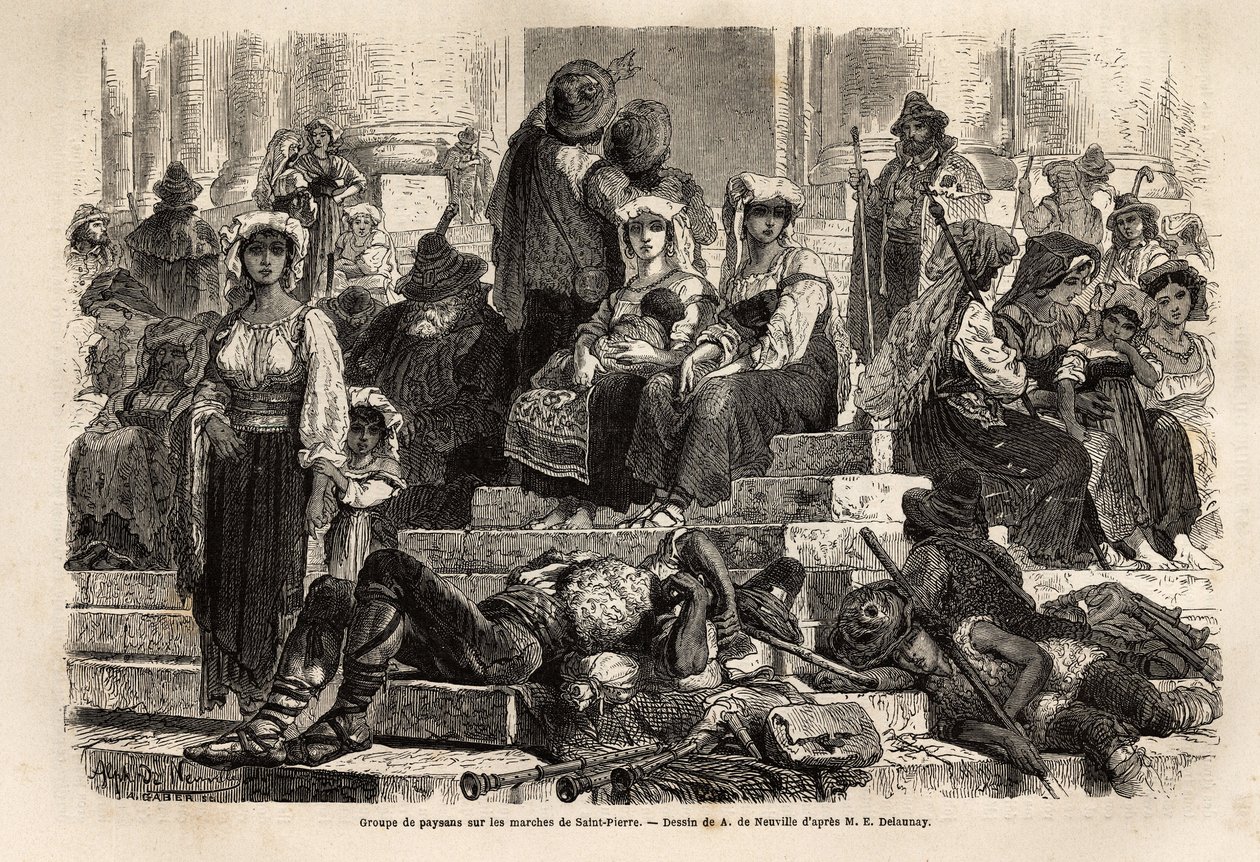 En gruppe bønder og hyrder samles til fejringen af den hellige uge på Sankt Peters trappe i Vatikanet. Gravering for at illustrere historien om den hellige uge i Rom, i 1863, af Ludovic Celler, i "Le tour du monde, nouveau journal des voyages"" af Unknown artist