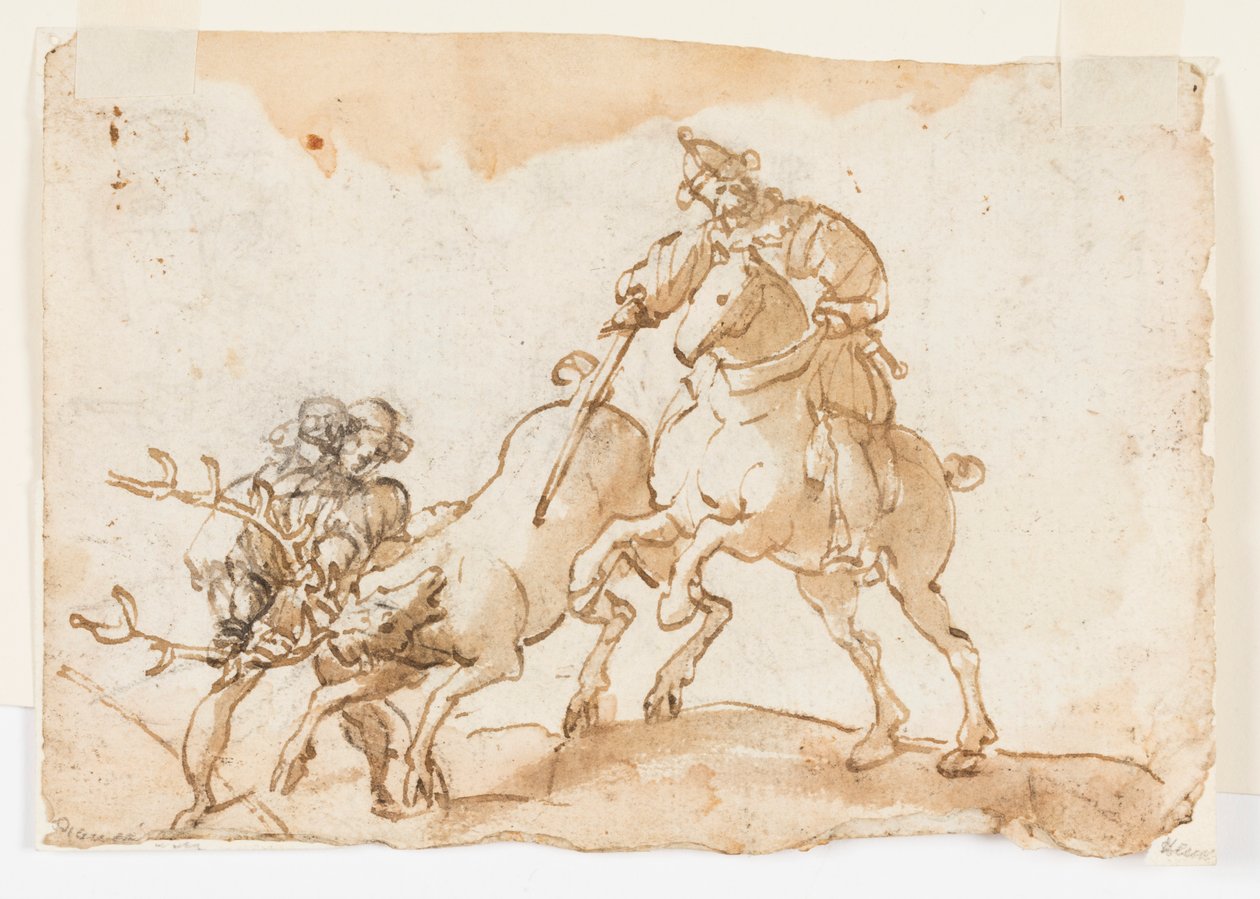 En rytter, der dræber en kronhjort, foreløbigt design til The Deer Hunt of Emperor Frederick Barbarossa og Ubaldo Ubaldini af Unknown artist