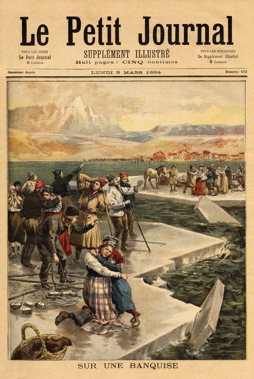 En enorm isblok bryder fra fastlandet ved Helsingfors (den sydlige Finske Bugt) og tager over 500 mennesker og 20 heste ud i det åbne hav. Indgravering i "" Le petit journal"" 5/03/1894. Selvas samling. af Unknown artist